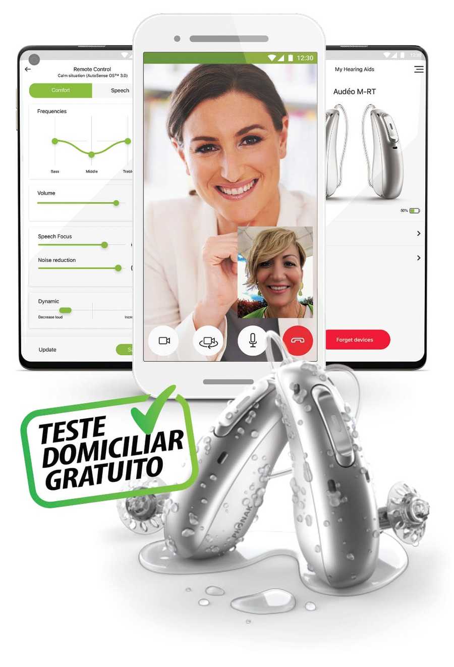 Celular com videochamada com a fonoaudióloga e selo de teste domiciliar gratuito