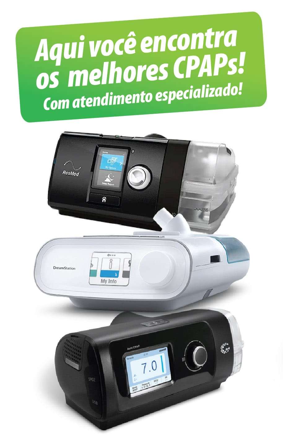 Aparelhos de CPAP de diferentes marcas disponíveis na Audistore