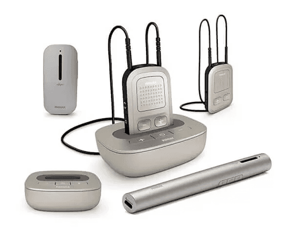 Conjunto de acessórios Phonak: ComPilot, RemoteMic, TVLink e Roger Pen